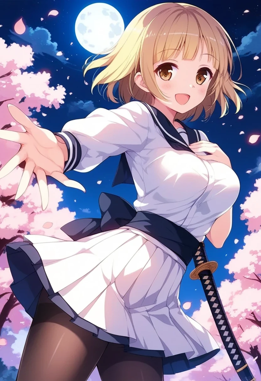 yuki mio, 1girl, :d, blonde hair, blush, breasts, cherry blossoms, cloud, cowboy shot, full moon, hand on own chest, katana, letterboxed, looking at viewer, moon, night, night sky, open mouth, outstretched arm, outstretched hand, pantyhose, petals, pleated skirt, reaching, reaching out, sheath, sheathed, short hair, skirt, sky, smile, solo, sword, weapon