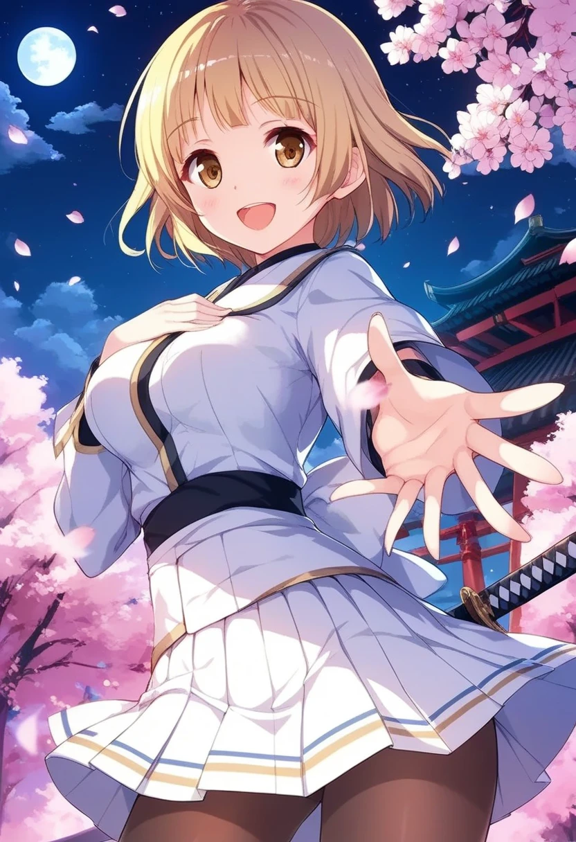 yuki mio, 1girl, :d, blonde hair, blush, breasts, cherry blossoms, cloud, cowboy shot, full moon, hand on own chest, katana, letterboxed, looking at viewer, moon, night, night sky, open mouth, outstretched arm, outstretched hand, pantyhose, petals, pleated skirt, reaching, reaching out, sheath, sheathed, short hair, skirt, sky, smile, solo, sword, weapon