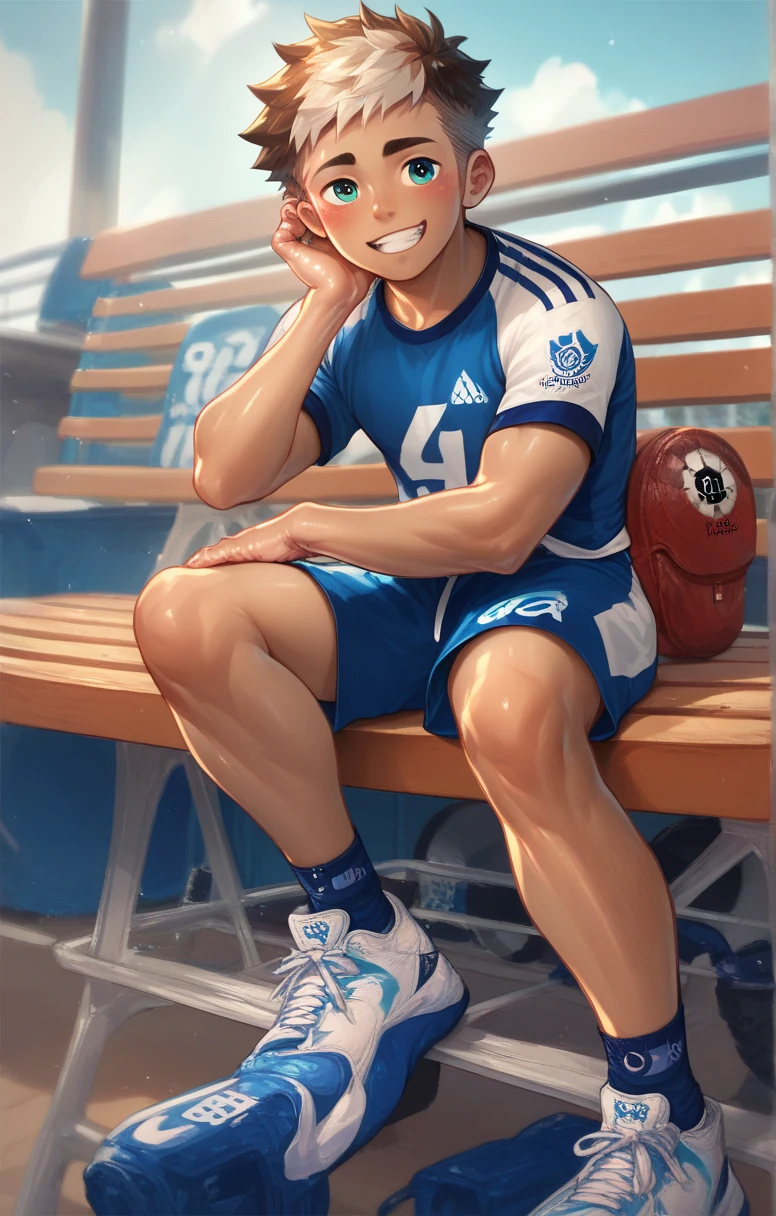  Cute young man twink soccer player sitting on the backup bench