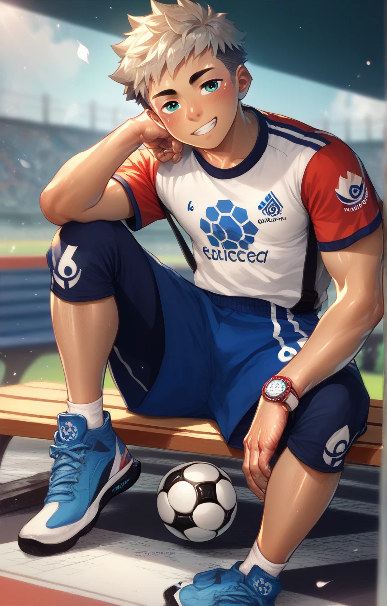  Cute young man twink soccer player sitting on the backup bench