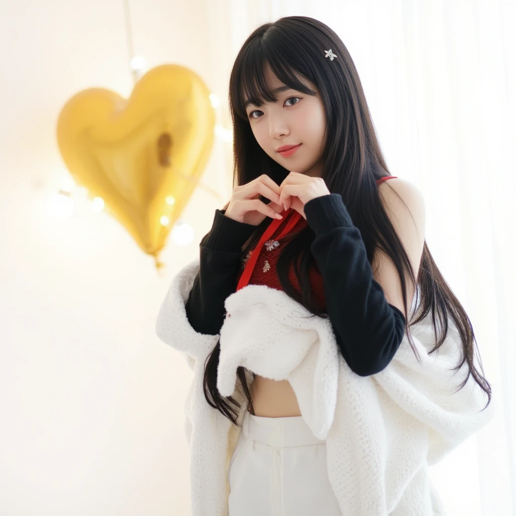 masterpiece, best quality, A young, vey thin body, Korean woman with long straight black hair and blunt bangs smiles at the camera. She have light-brown eyes, she wears a red top, sleeveless, adorned with a diamond star brooch and a red ribbon tied around her neck. Her hands form a heart shape in front of her chest, showcasing long, expertly manicured nails. A high-waisted white pants. The background is softly blurred, focusing attention on her pose and expression, soft light,