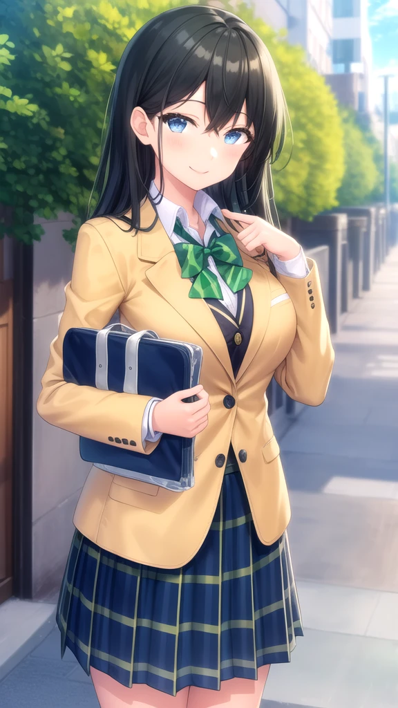 masterpiece, best quality, high quality, girl, solo, looking at viewer, masamune_makabe, black hair, blue eyes, large breasts, school uniform, green bowtie, blazer, yellow jacket, long sleeves, plaid skirt, green skirt, standing, cowboy shot, outdoors, smile,