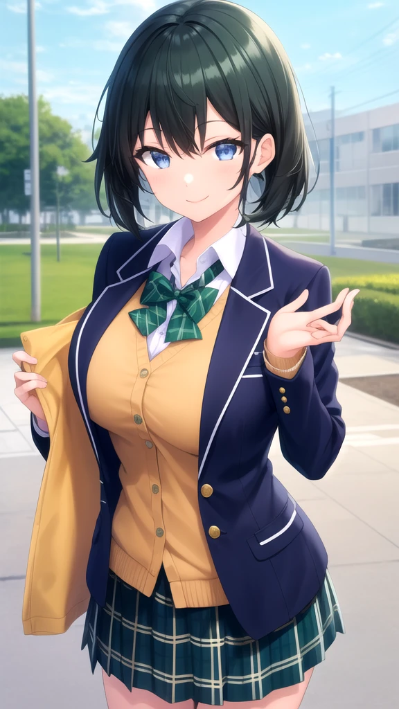 masterpiece, best quality, high quality, girl, solo, looking at viewer, masamune_makabe, black hair, blue eyes, large breasts, school uniform, green bowtie, blazer, yellow jacket, long sleeves, plaid skirt, green skirt, standing, cowboy shot, outdoors, smile,