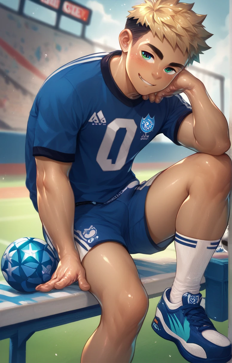  Cute young man twink soccer player sitting on the backup bench