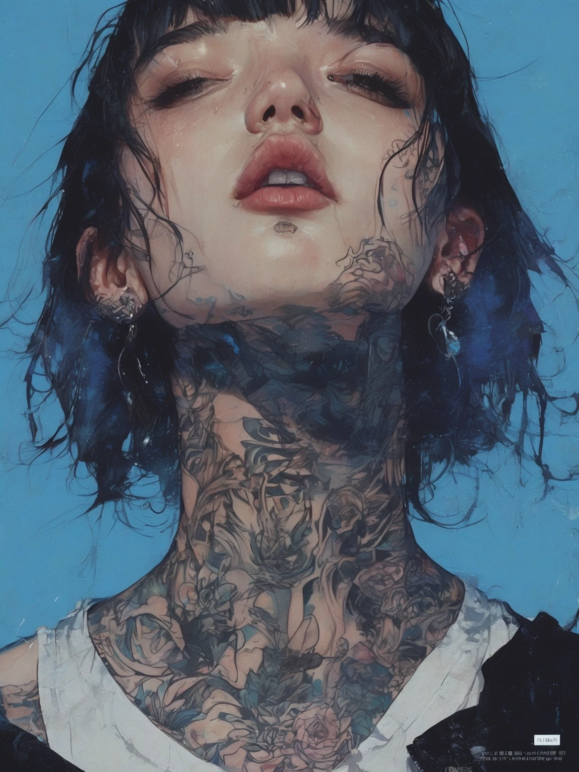  a close up of a young man with a tattoo on his neck, He looks up ,  piercings and eyebrow piercings , nose and mouth,  image centered near plane , modern hair,  half-open lips, light cyan background ,  black sweatshirt with white , muchos  neck tattoos  y rostro,  cyberpunk art inspired by Yanjun Cheng , tumblr, arte digital, of a Taiwanese girl with tattoos,  artwork in the style of Guweiz,  neck tattoos ,  cyberpunk , Ilya Kuvshinov. 4k, guweiz, Japanese art style , yakuza slim girl, tattoo style, Beautiful face of a cyberpunk girl