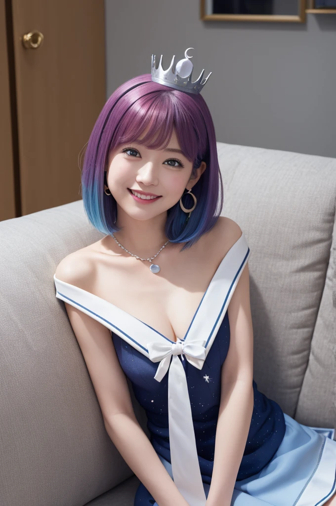 masterpiece、 top quality 、 absurd、 1 girl、solo、LunaSailor、 rainbow heterochromia、 medium hair、Mini Crown、 earrings for women with first name、 necklace、 White Sailor Color 、 blue dress、 off the shoulder dress 、Star pattern、 upper body red 、indoor、sit、 on the sofa、smile、:p、cute、