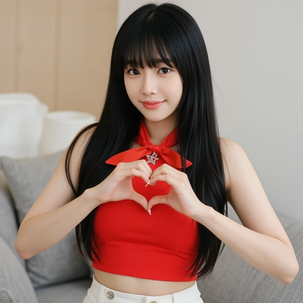 masterpiece, best quality, A young, vey thin body, Korean woman with long straight black hair and blunt bangs smiles at the camera. She have light-brown eyes, she wears a red top, sleeveless, adorned with a diamond star brooch and a red ribbon tied around her neck. Her hands form a heart shape in front of her chest, showcasing long, expertly manicured nails. A high-waisted white pants. The background is softly blurred, focusing attention on her pose and expression, soft light,