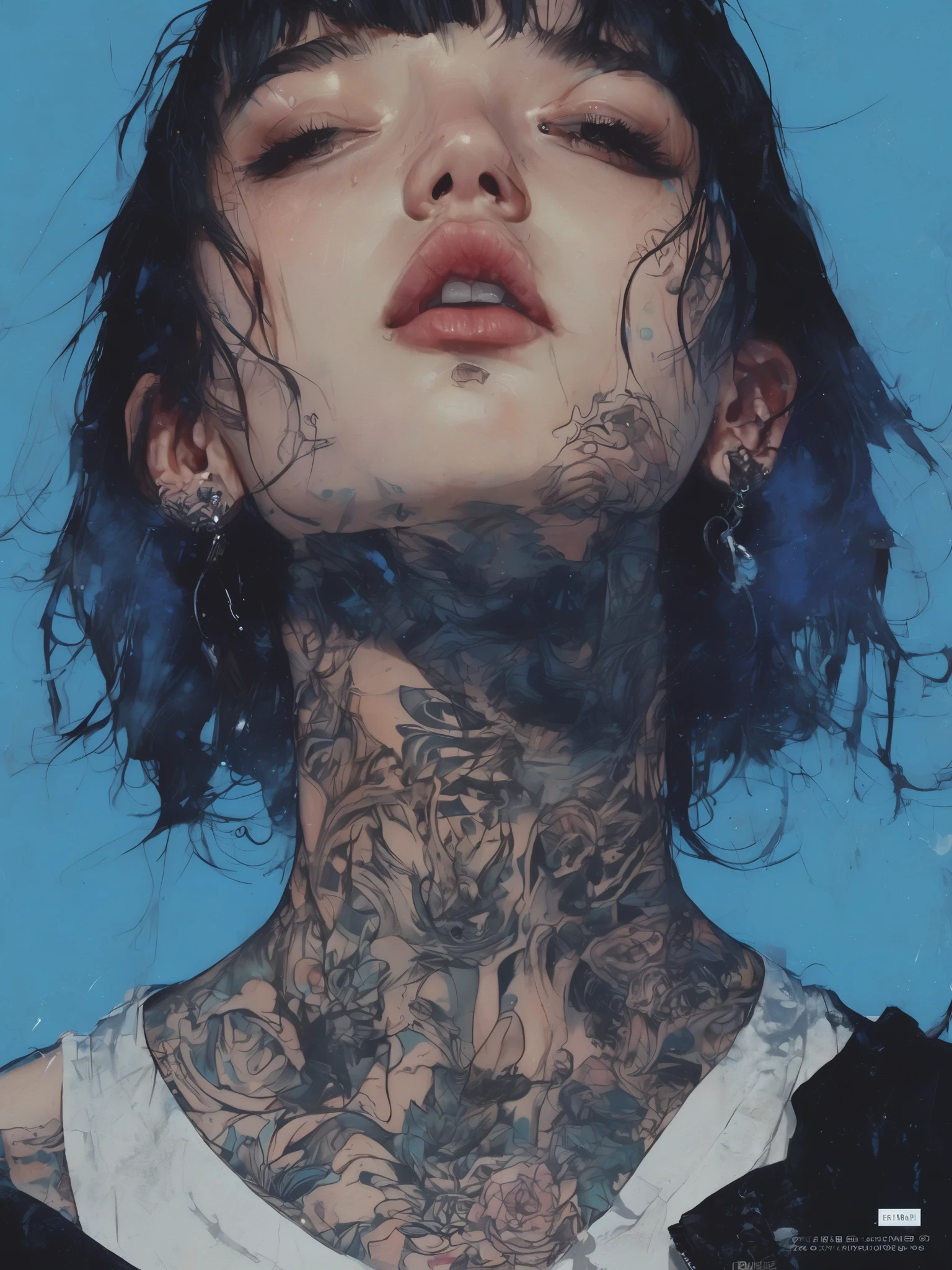  a close up of a young man with a tattoo on his neck, He looks up ,  piercings and eyebrow piercings , nose and mouth,  image centered near plane , modern hair,  half-open lips, light cyan background ,  black sweatshirt with white , muchos  neck tattoos  y rostro,  cyberpunk art inspired by Yanjun Cheng , tumblr, arte digital, of a Taiwanese girl with tattoos,  artwork in the style of Guweiz,  neck tattoos ,  cyberpunk , Ilya Kuvshinov. 4k, guweiz, Japanese art style , yakuza slim girl, tattoo style, Beautiful face of a cyberpunk girl