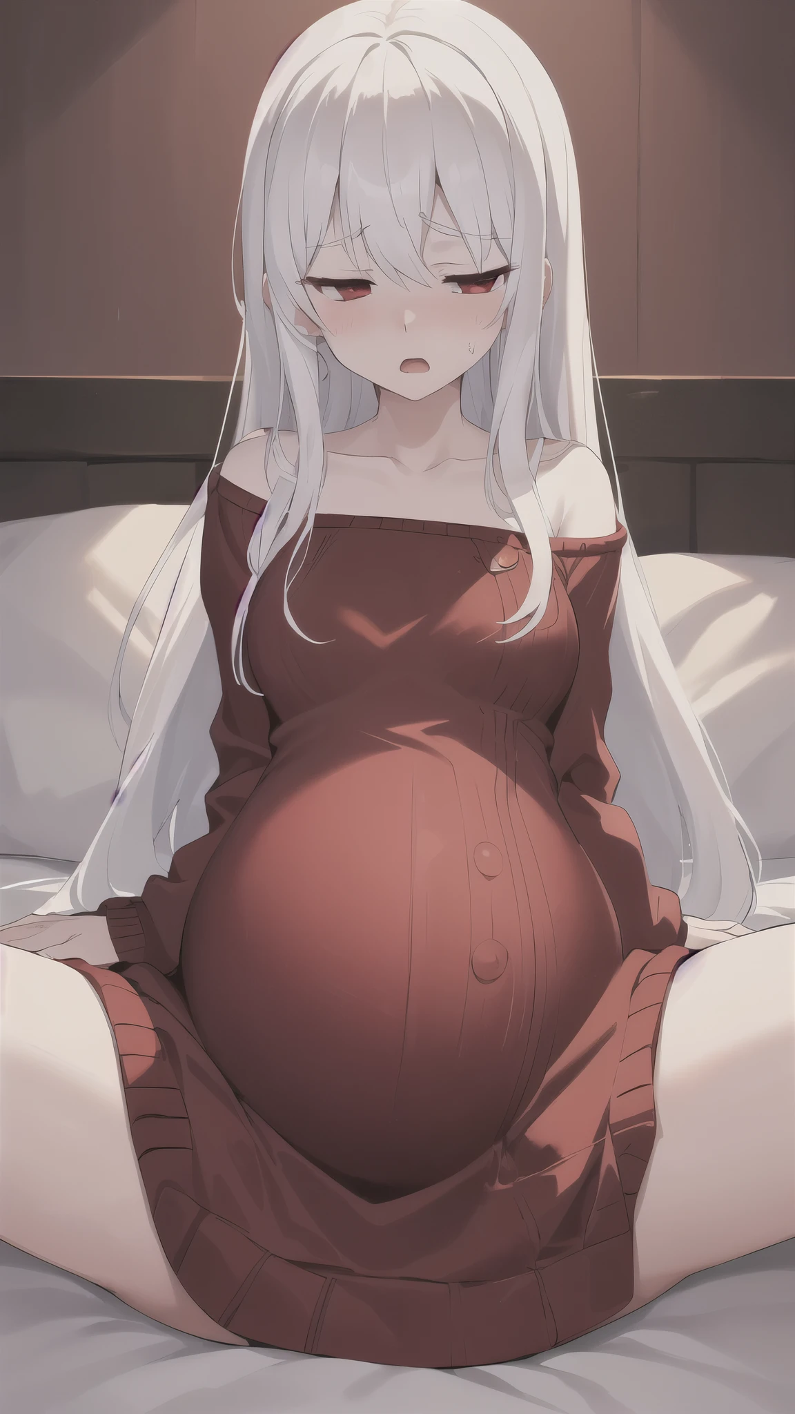 white hair Pregnant Woman childish squatt Smaller chest fullnude Pink eyes full of sweat Eyes are hearts Light skin tone Dirty print on the stomach