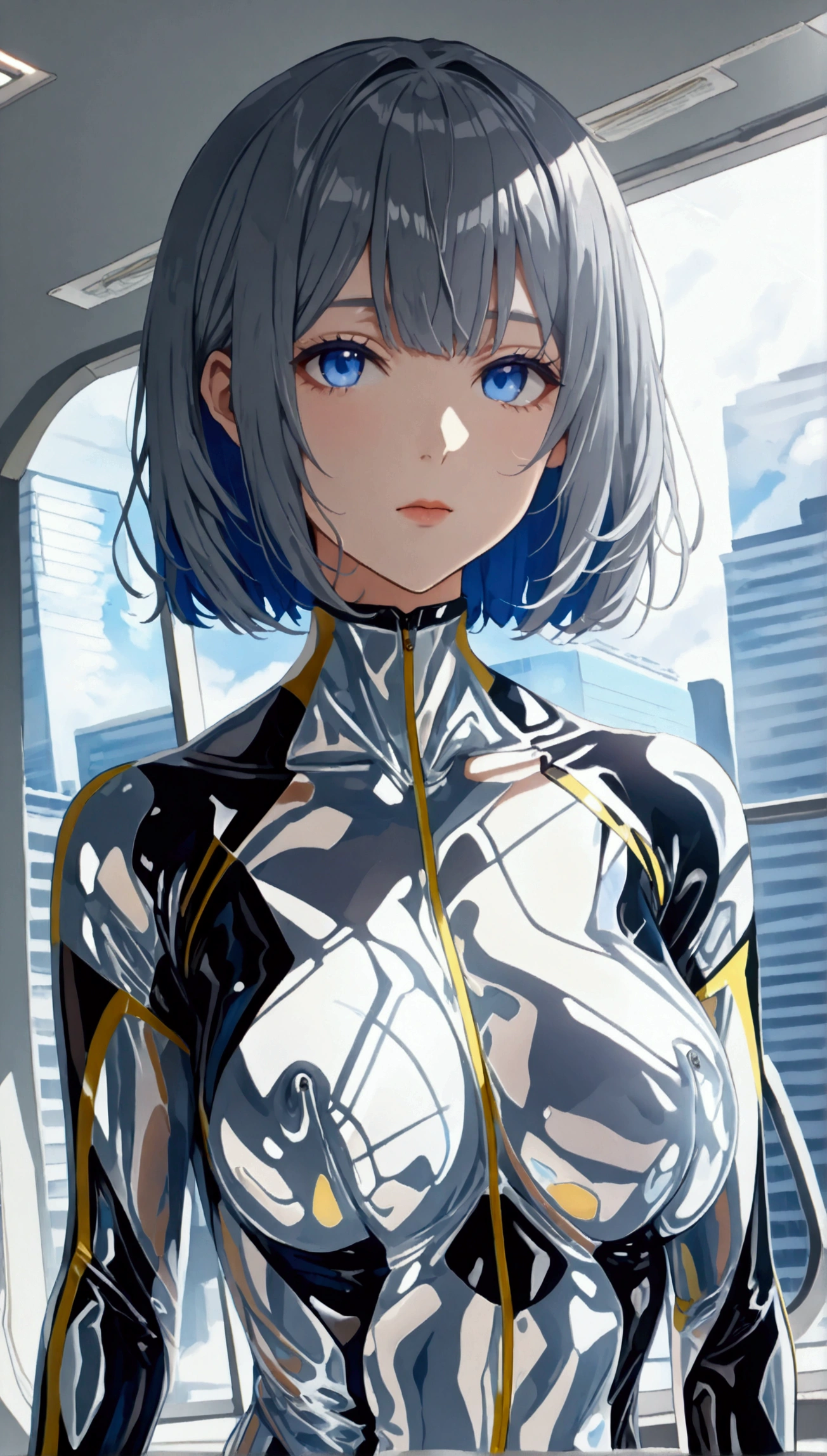 (Multiple girls),(最 high image quality, 8k, masterpiece:1.3), (24 years old:1.5), ( gray hair ), ( bob cut), (Oblique sky blue eyes), ((全身 rubber suit、blue、yellow line、The line from the base of the foot to the chest、no zipper 、 rubber suit、Gloss、reflection、Perfect fit、Full body shot、City、Office District)), ([Ultra Clear:1.5), (Glossのある肌:1.1),( blue-white skin:1.1), high image quality、 clear contours