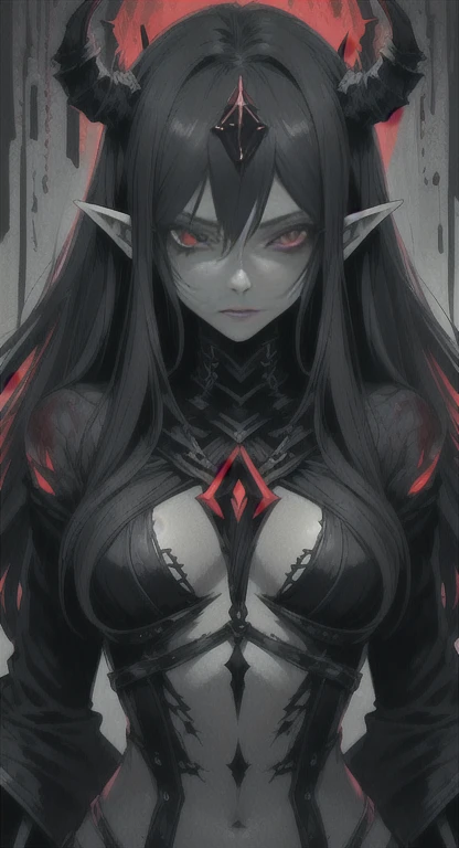 Create an image of a slim demon woman with a unique and mystical appearance. She has tan skin that emits a slight ethereal yet demonic glow. Her dark hair features striking crimson red highlights, adding a dramatic flair. Her body is adorned with intricate tattoos, visible on her arms and neck. She is dressed in dark leather and lace garments that blend a gothic and otherworldly style. A notable feature is her long and wide tongue, which adds an eerie aspect to her character. The setting is a dimly lit, moody environment that complements her dark aesthetic.
