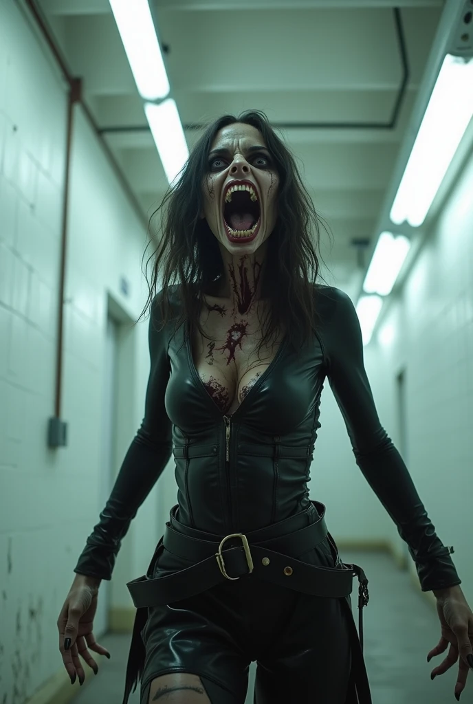 There is a zombified woman dressed in latex leotard laughing, evil smile, dark ambient, ominous atmosphere, horror movie, dramatic lights, ultra detailed, photorealistic, masterpiece.
