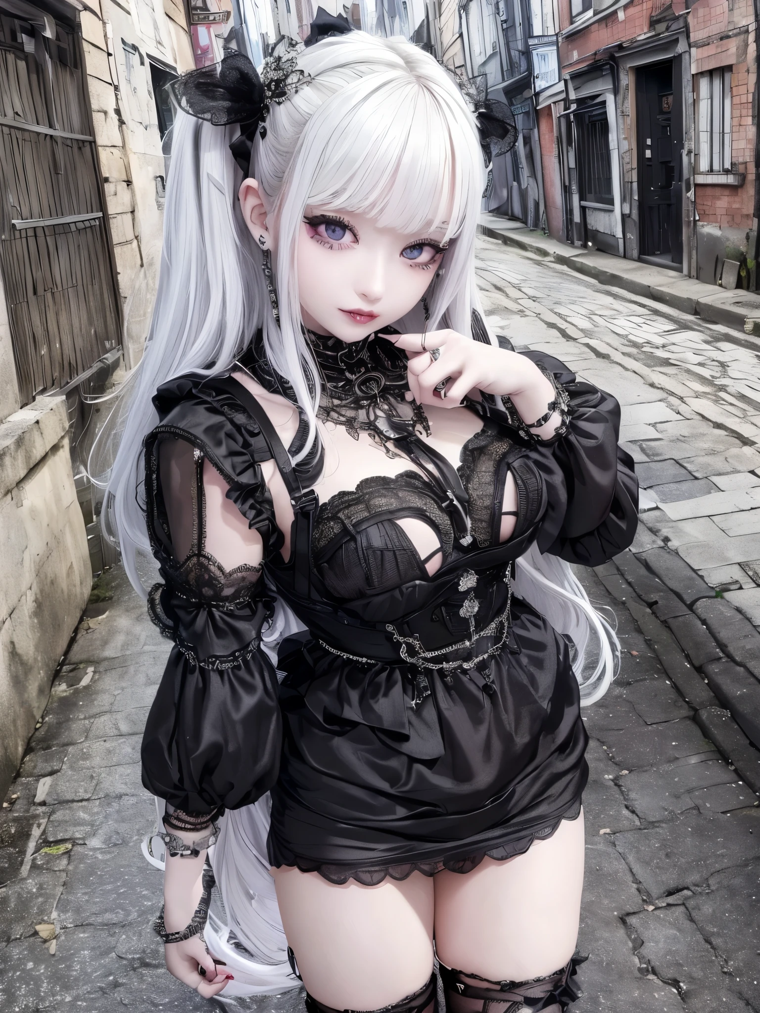 Beautiful female college student in the city,masterpiece,light makeup,Red Lip,Silver Hair,Beautiful Gothic Lolita Girl, Silky black hair in braids, blue eyes, Thin lips, Round face, 18 year old lolita, Relax in gothic style clothing,(((He has many tattoos all over his body)), (((Tight waist))), ((Big Breasts)),((See-through)),panties,
