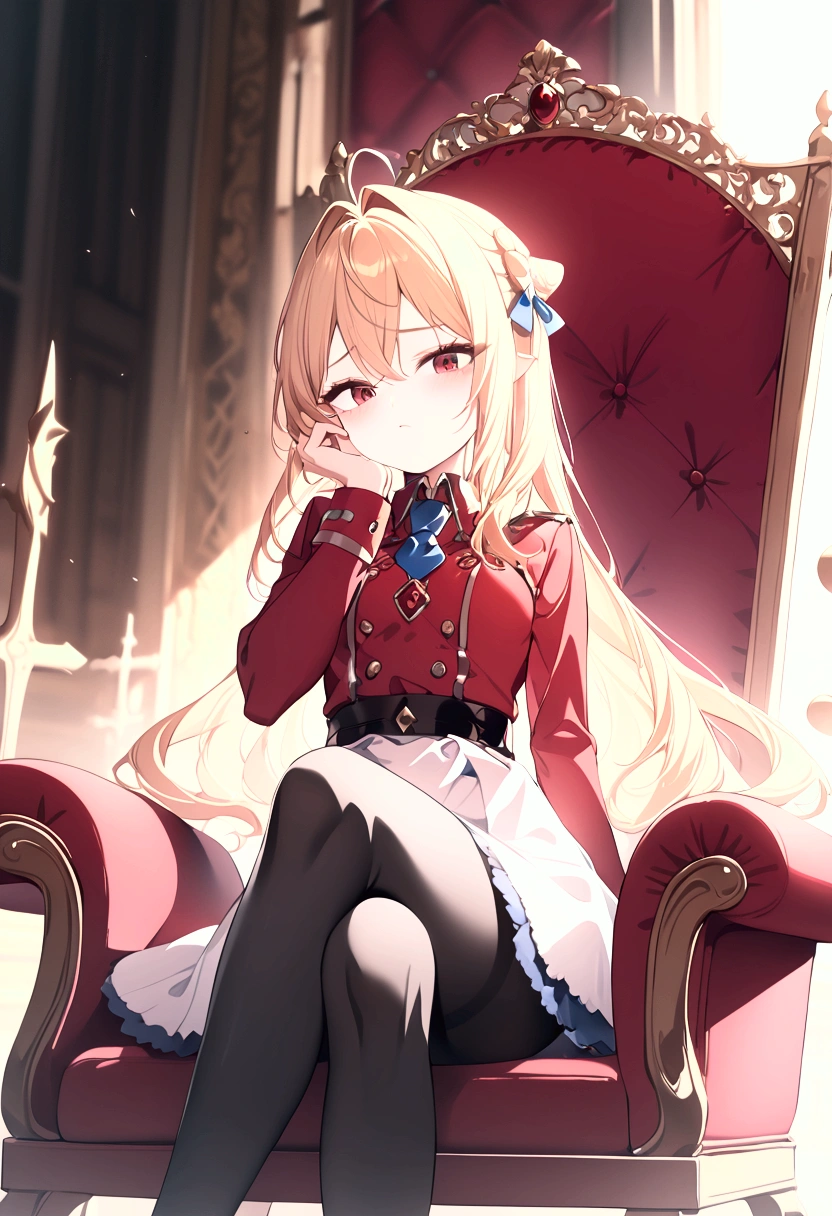  high image quality 、masterpiece、  High Quality   、Full HD、4K 、 long golden hair 、Tie your hair in a bun、 red eyes、 slim、 small breasts、blush、 red and gold uniform 、White Skirt、 blue ribbon on the chest、 Black Tights 、Sit on the king's chair 、 wear cheek sticks 、 crosses legs