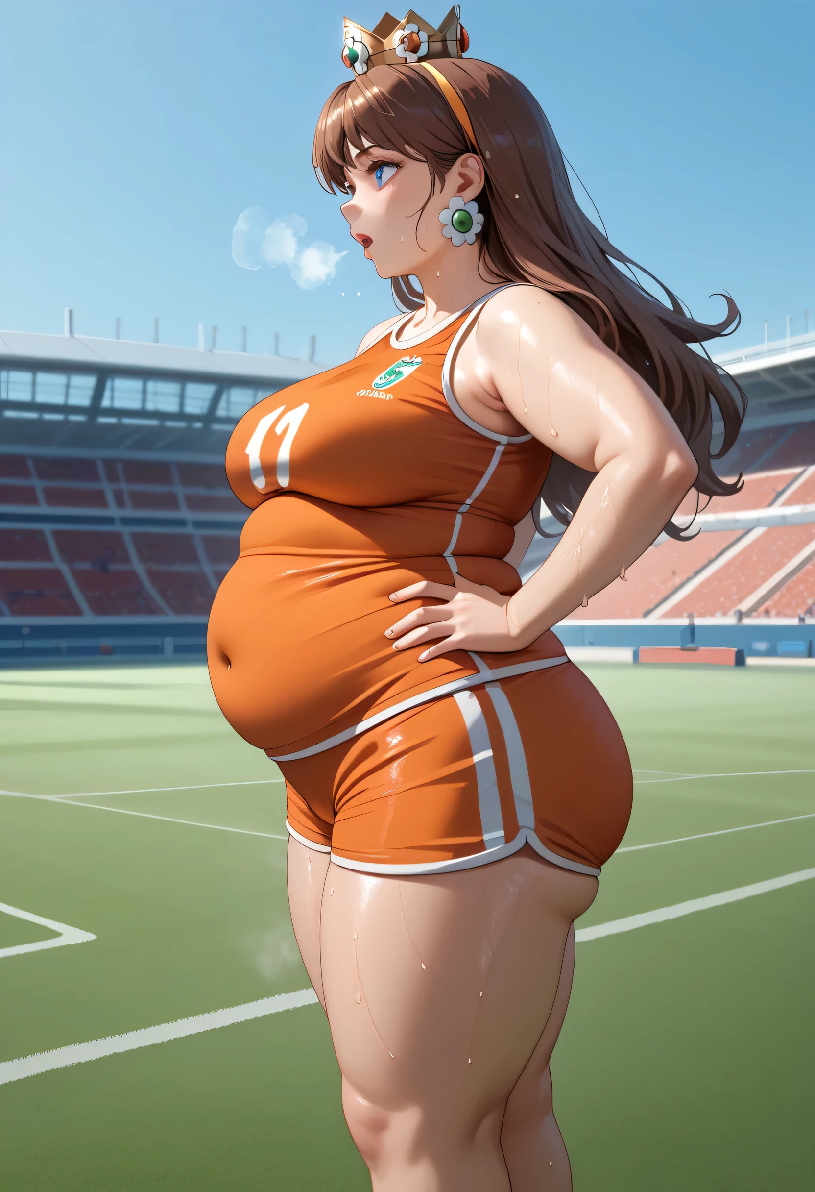 Daisy,brown hair,blue eyes,long hair,flower earrings,small crown, number 8 soccer uniform, orange tanktop, orange shorts, midriff, number 8, standing, sweaty, exhausted, hand on hips soccer field, science fiction, outdoors, (insanely detailed, masterpiece, best quality), sweating profusely, exhausted, breathing, open mouth, steam coming out of her mouth, tight red gym shorts, tight red gym tank top, hands on hips, dripping sweat, dripplits of sweat on the floor, puddle of sweat, thick, obese, soft belly, chubby, wide hips, sexy hips, half body, big belly, thicc thighs, side view,  out of breath 