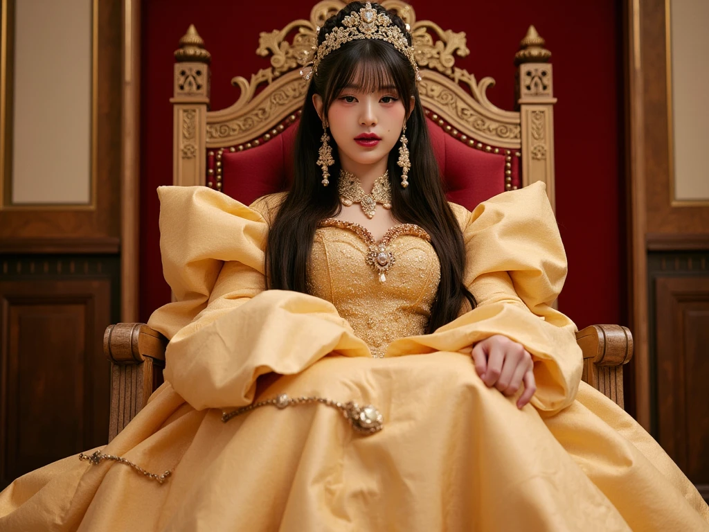 beautiful divine asian empress in her 30s, beautiful, gigantic massive breasts, titanic breasts, giant breast, a beautiful milf empress with massive puffy ballgown, gigantic size, high quality, puffy sleeves, golden scepter, tall wide highcollar, wide highcollar, elbow length gloves, looking at viewer, massive breasts, divine halo, thick makeup, red lipstick, eyeshadow, eyeliner, wide sly smile in closed mouth, sitting on golden throne, in a royal chamber, with golden silk lavish ballgown
