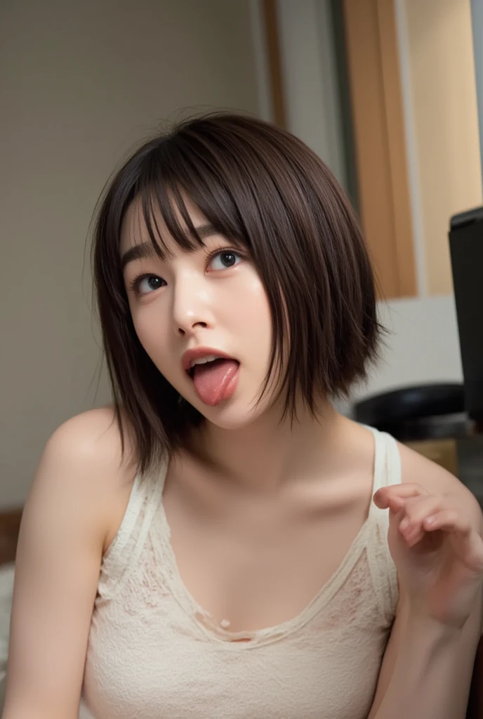 "smile"、 Thin, nice-bodied woman , Sexy pose in a transparent camisole in the living room、Tongue Piercing、 sticks out his tongue 、 open her mouth 、smile、Laugh a lot、Cross-eyed