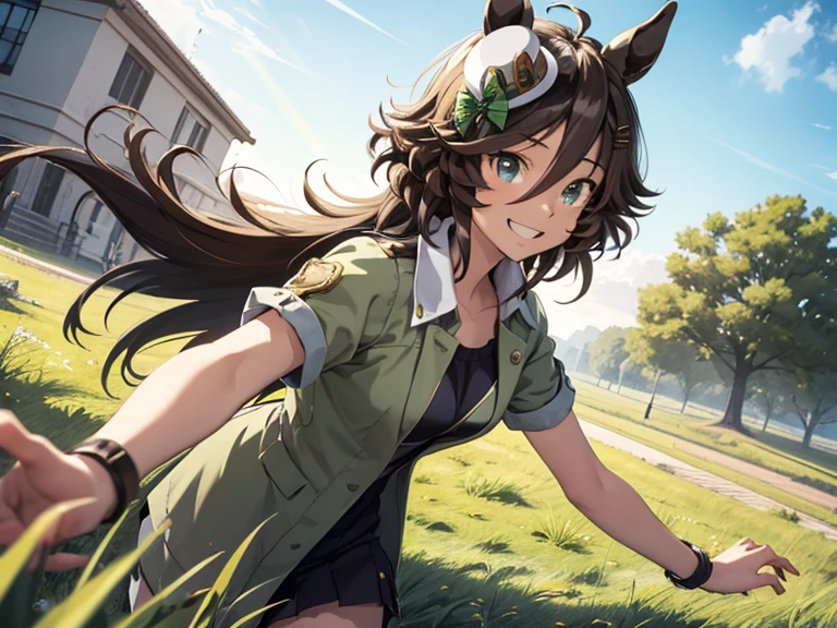 best quality, absurdres, masterpiece, 
Mr.CB \(umamusume)\
1人の女の子, female, delightful, grinning, serious expression, running at full speed, looking to the left, long hair, center part, brown hair, green eyes, slant eyes, tall, slender, beautiful breasts, 30-year-old, in the grassland, in the afternoon, beautiful, upper body, front view, ground-level shot, dutch angle shot, sunbeam, midday