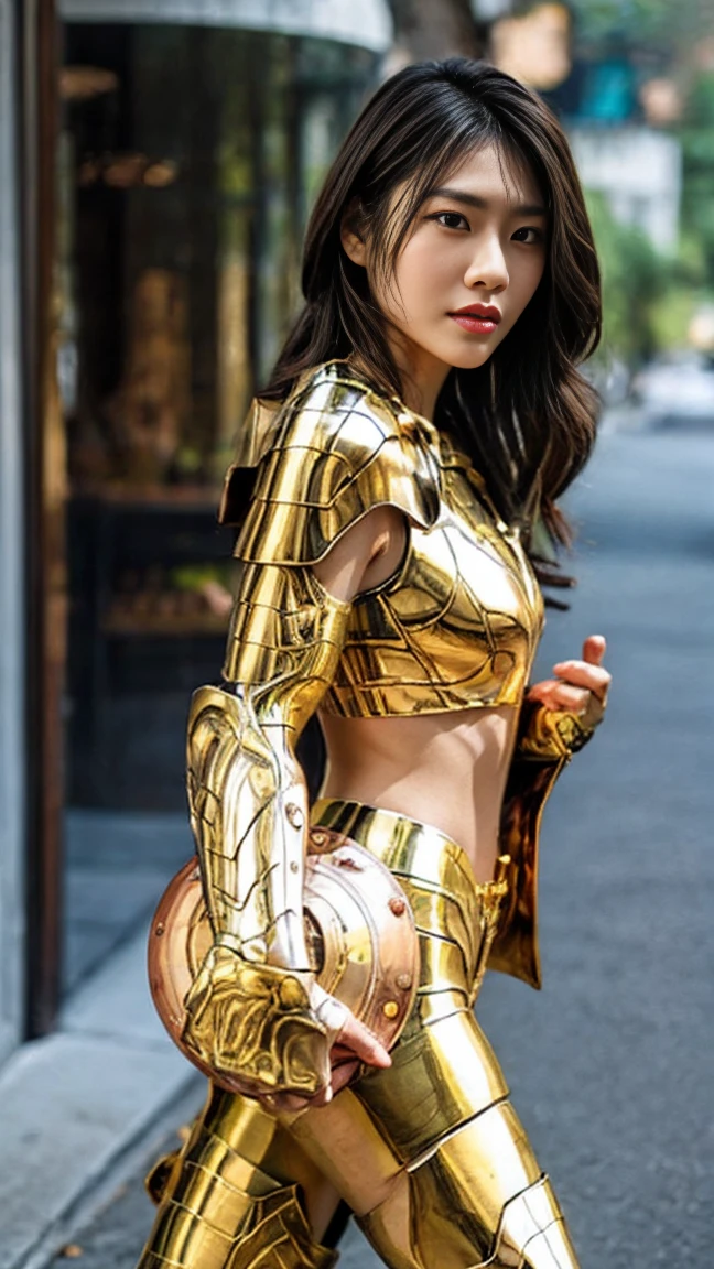 Woman with complete and shine golden armor