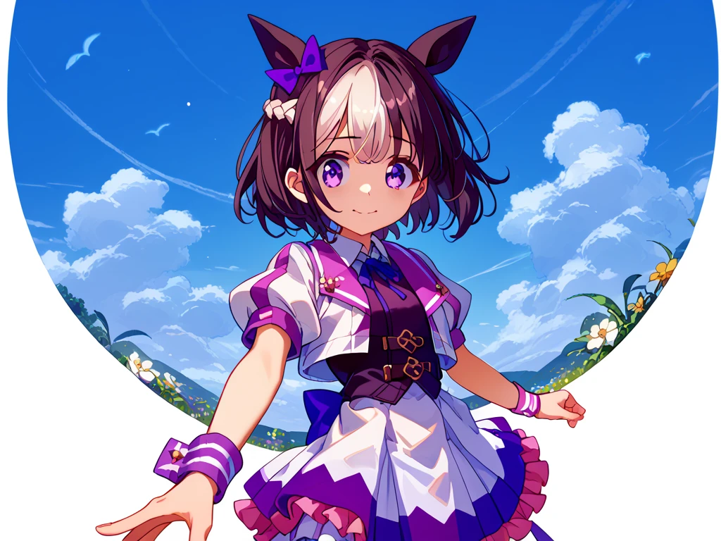 best quality, absurdres, masterpiece, 1人の女の子
special week \(Uma Musume\), 
ear bow, purple bow, puffy short sleeves, neck ribbon, blue ribbon, cropped jacket, white jacket, two-tone jacket, collared shirt, white shirt, purple vest, wristband, wrist cuffs, white skirt, pleated skirt, two-tone skirt, frilled skirt, frills,   zettai ryouiki, white thighhighs, white footwear, purple footwear, asymmetrical footwear, mismatched footwear, Durable sneakers, glad, smiling, embarrassed, standing, looking at viewer, in the field of flowers, surrounded by stars and stardust, at midnight, cute, beautiful, upper body, from front, moonlight, 口を少し開ける, 20-year-old