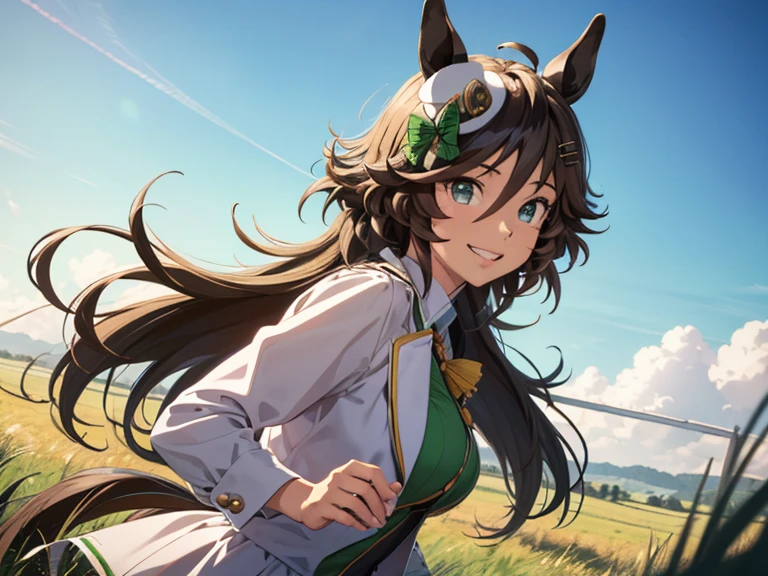 best quality, absurdres, masterpiece, 
Mr.CB \(umamusume)\
1人の女の子, female, delightful, grinning, serious expression, running at full speed, looking to the left, long hair, center part, brown hair, green eyes, slant eyes, tall, slender, beautiful breasts, 30-year-old, in the grassland, in the afternoon, beautiful, upper body, front view, ground-level shot, dutch angle shot, sunbeam, midday