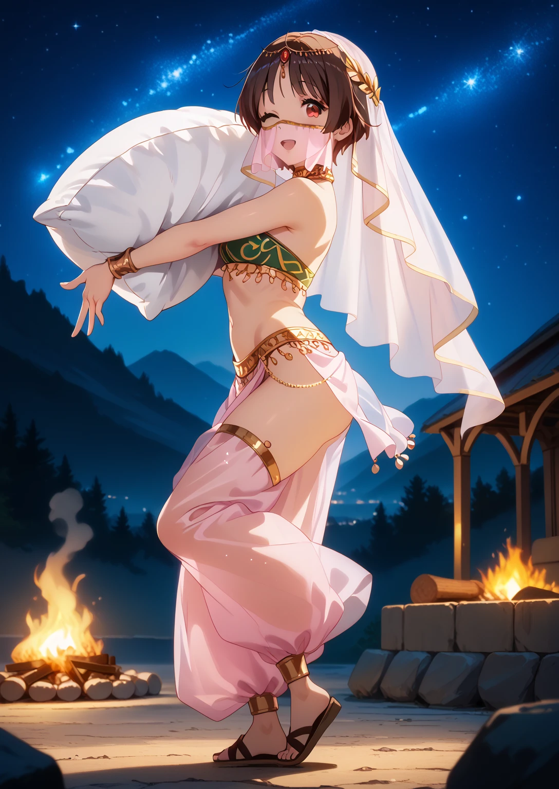 kumin tsuyuri, slender, short hair, brown hair, red eyes, (hugging big pillow, pillow on the cheek )from side, belly dancing, topless, (white veil, thin mouth veil,) circlet, neck ring, thighlet, gold trim,(naked harem pants, translucent pastel pink harem pants, groin area no cloth,) arched back, face up, twisted torso, pointing up,outstretched arms, spread fingers, looking back at viewer, knee up, tiptoes, head steam, gold chain and beads spangle from nipple, sandal, (wink, happy, light smile, open mouth,white breath) , cowboy shot, darknight, lit by bonfire, desolate rocky mountain, starry sky