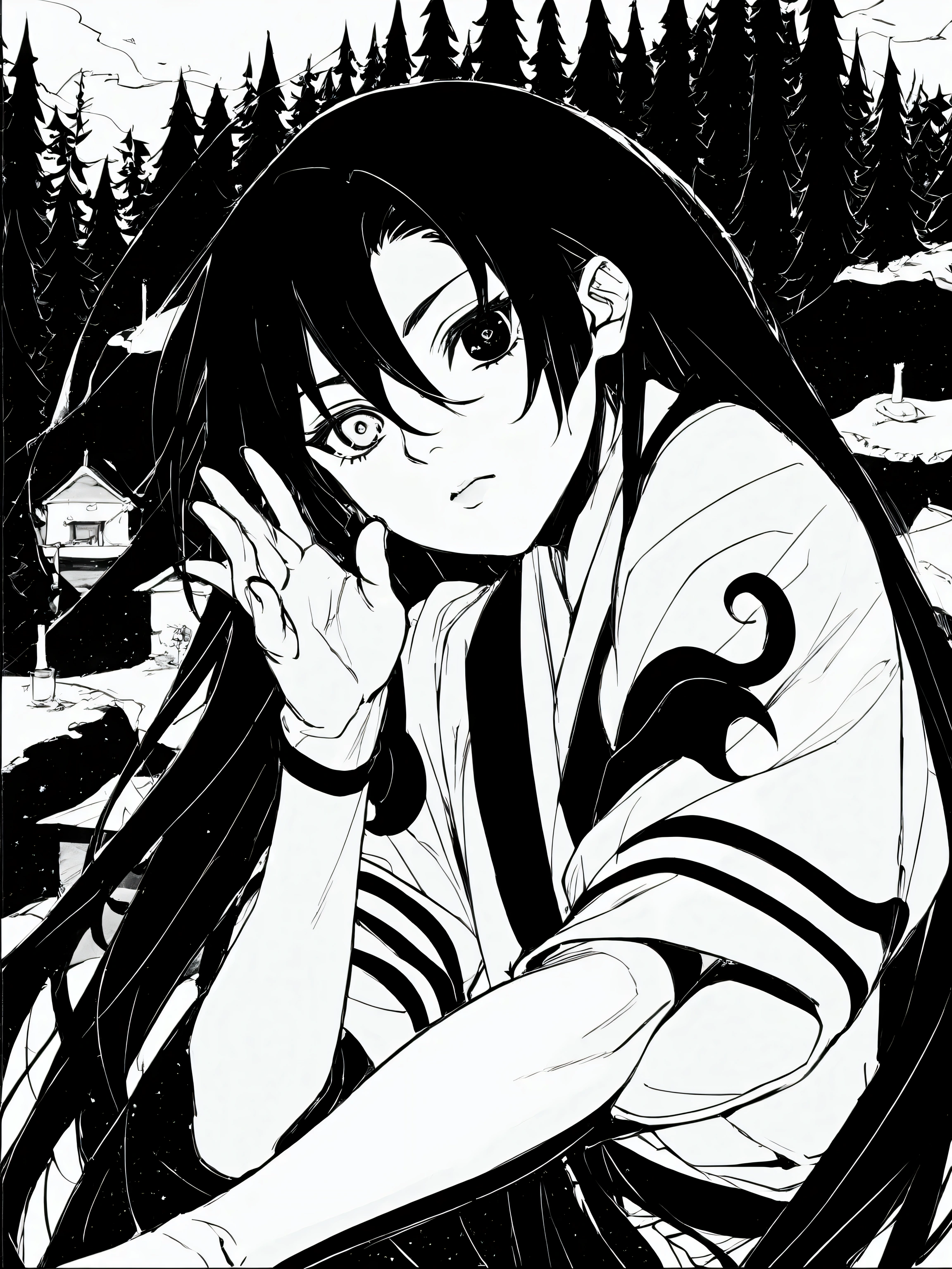 score_9, score_8_up, score_7_up, score_6_up, score_5_up, score_4_up, source_anime, male focus, 1boy, femboy, very long hair, black hair with white inside hair, heterochromia,Tsuki,black Haori, white kimono, amazing quality, best aesthetic, game cg, official art, wallpaper, absurdres, high-res, sketch, hatching, manga, monochrome