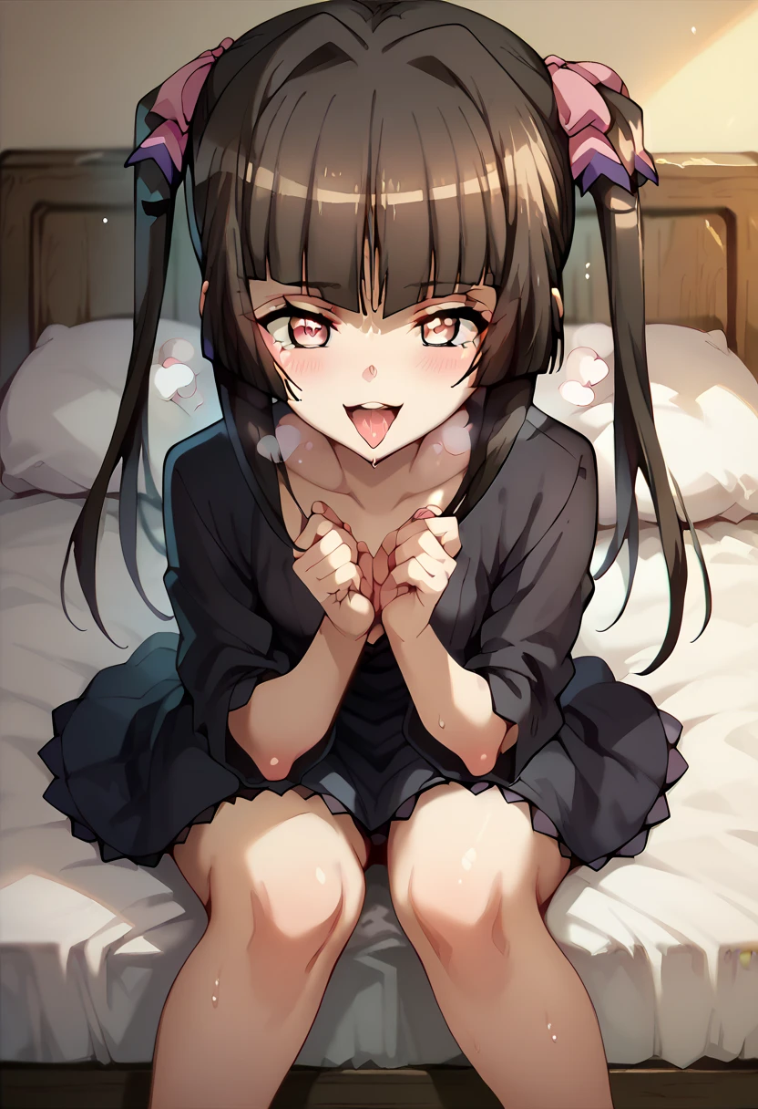 shirabe tsukuyomi,black dress,open clothes,in the bed,crawling position on their hands and knees,deep masturbation,steam,smile,ahegao,tremble body,nsfw