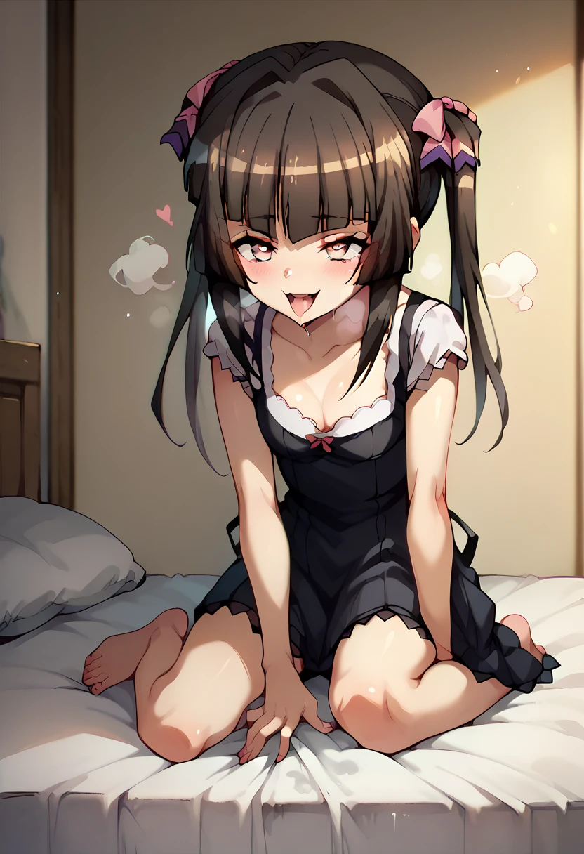 shirabe tsukuyomi,black dress,open clothes,in the bed,crawling position on their hands and knees,deep masturbation,steam,smile,ahegao,tremble body,nsfw