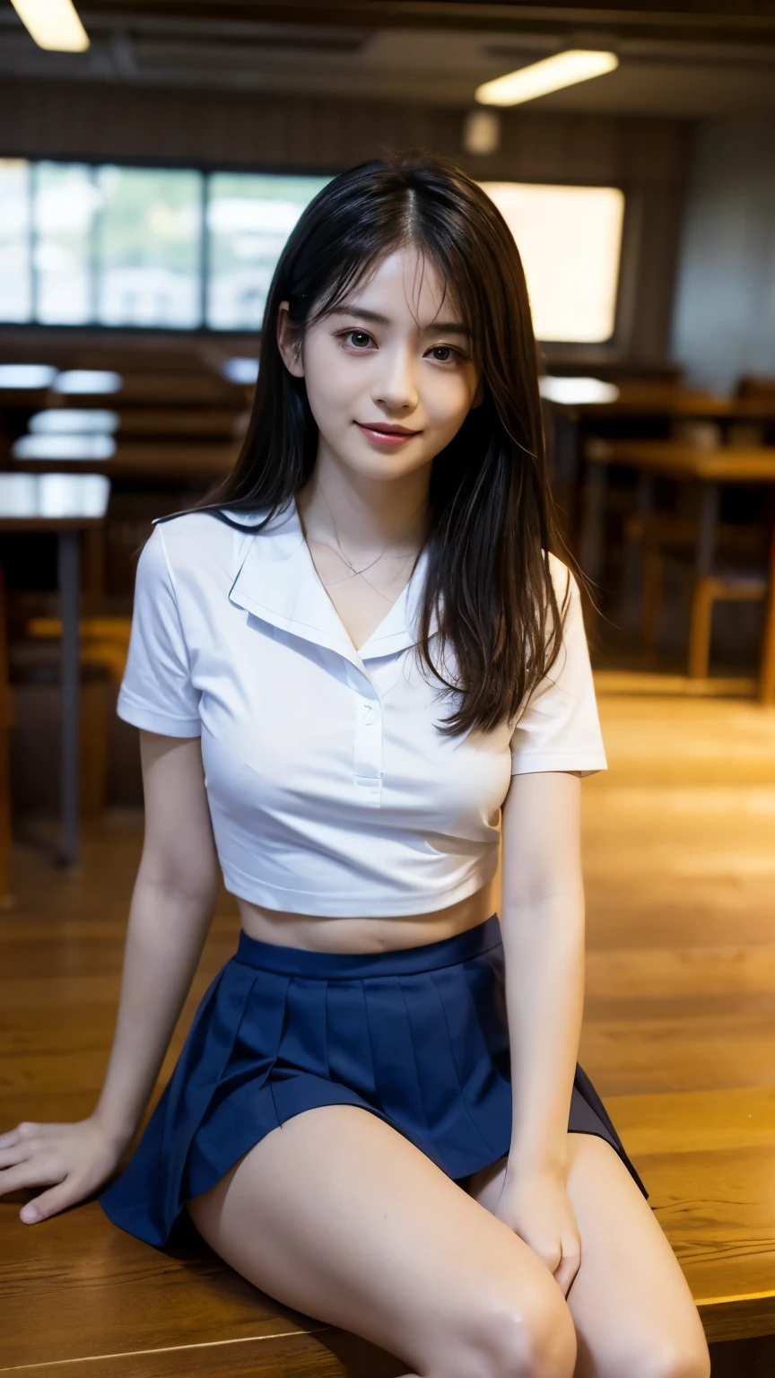 (masterpiece, best quality:1.2), 1girl, solo, Japanese Model, 18 year old female model, 4K、Black Hair、Beaver、Middle Hair、Straight hair、(White sleeveless blouse,Pink Skirt:1.2), (Super cute idol-like face:1.2)、School classroom、Slim and beautiful figure、Beautiful breasts、Laughter、Whole Body Ezbian、School classroom美しい脚、Sexy pose、White socks、White sneakers、