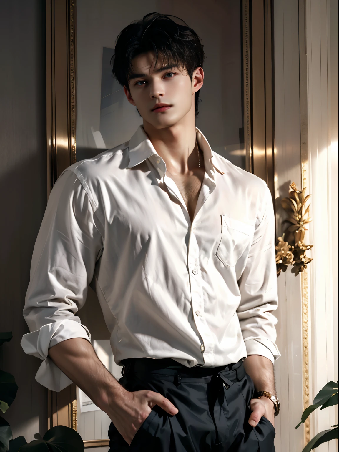 (absurderes, A high resolution, Ultra detailed, hdr), Masterpiece, Best quality, Portrait of a boy, Handsome boy with red eyes, Detailed face, Professional photo, The Alafed man is shirtless, Leaning comfortably，legs are open, (puffynipple(From below:1.1)), Focus on your audience,18 year old boy, Handsome boy, [ Firmly defined body ]，Burgundy shirt open，Abs，chest muscle，short white pants，large bulge，white shoe，wardrobe，