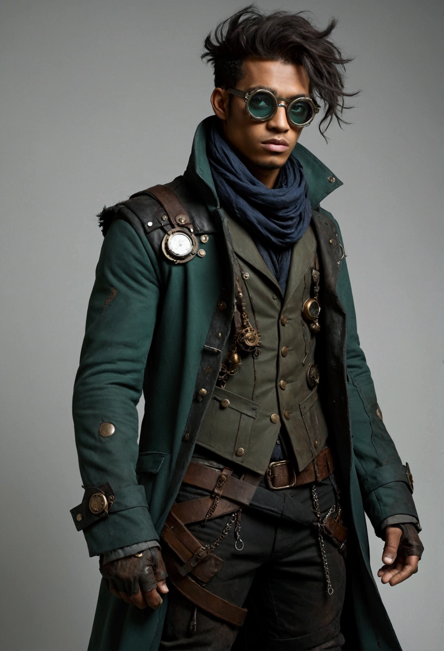 Four different views (front, top, back, and side) of a post-apocalyptic, Create a full-body male character concept art, a determined 21-year-old in a steampunk-space opera world. His long hair, inspired by JB from GOT7, is slightly disheveled and covers part of his face. He wears scavenged clothing that shows signs of wear—tattered layers, heavy boots, and a patched coat. His demeanor is serious and focused, reflecting his harsh experiences. He is always seen wearing interesting glasses, which hide his eyes and protect people from his powers. The design should combine steampunk aesthetics with futuristic tech, creating a mix of rugged and advanced elements in his attire. Cool and Dark Color Palette: Dark and muted tones can reflect your distant, serious personality with a complex emotional background. Main Colors: Ash gray and black: to represent hardness, uncertainty and your internal struggle. Dark blue or petrol blue: these cool tones can symbolize your reserved, mysterious and analytical nature. Accents: Silver or metallic gray: can be linked to the scientific/technological aspect of the world and the fact that your power is more mental and linked to perception. Pale emerald green: to highlight details of your design, especially related to your glasses, giving it an almost "cold but sensitive" touch, without being too warm.
