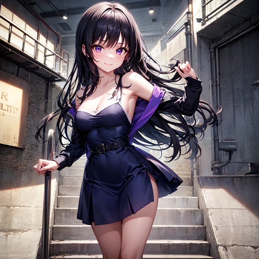 (Best quality, Ultra-detailed, Photorealistic:1.37), 3D anime style girl with red staright hair, A girl with beautiful and delicate facial features and long eyelashes, Intense red eyes that reflect light, lusciouslips, Multi-colored crystal necklace, Black school uniform with short skirt, Clear black border thigh stockings, Perfect figure, full body shot of, Shot in ultra-wide angle anime style photography, riyaz grameri high school dxd