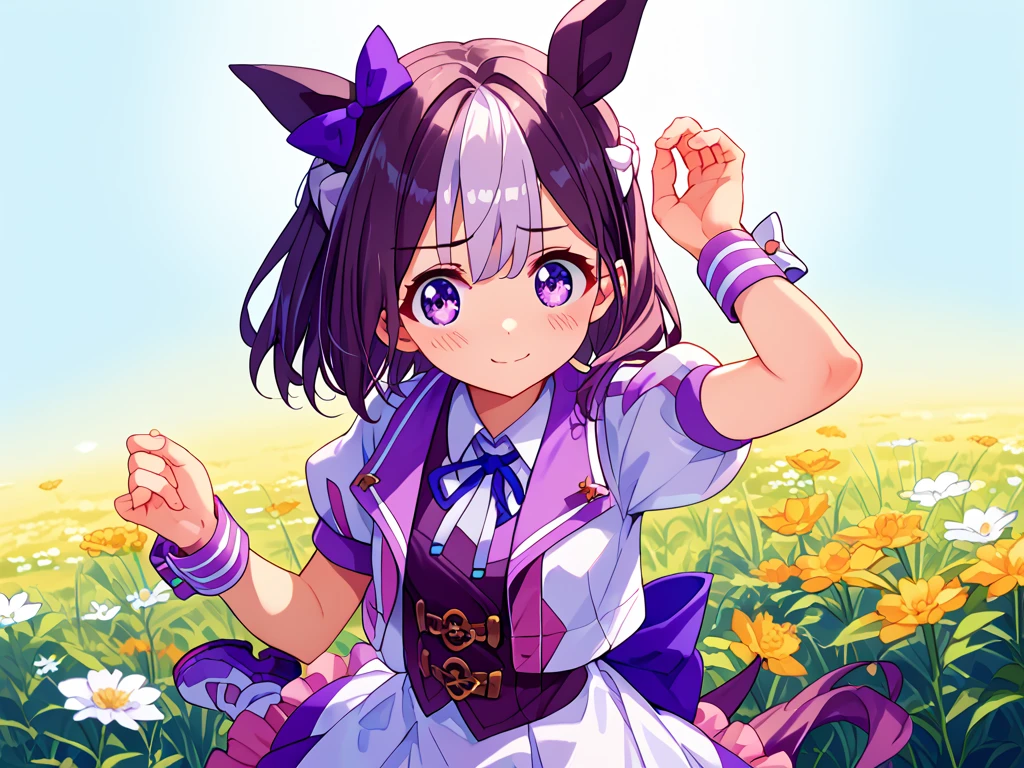 best quality, absurdres, masterpiece, 1人の女の子
special week \(Uma Musume\), 
ear bow, purple bow, puffy short sleeves, neck ribbon, blue ribbon, cropped jacket, white jacket, two-tone jacket, collared shirt, white shirt, purple vest, wristband, wrist cuffs, white skirt, pleated skirt, two-tone skirt, frilled skirt, frills,   zettai ryouiki, white thighhighs, white footwear, purple footwear, asymmetrical footwear, mismatched footwear, Durable sneakers, glad, smiling, embarrassed, standing, looking at viewer, in the field of flowers, surrounded by stars and stardust, at midnight, cute, beautiful, upper body, from front, moonlight, 口を少し開ける, 30-year-old