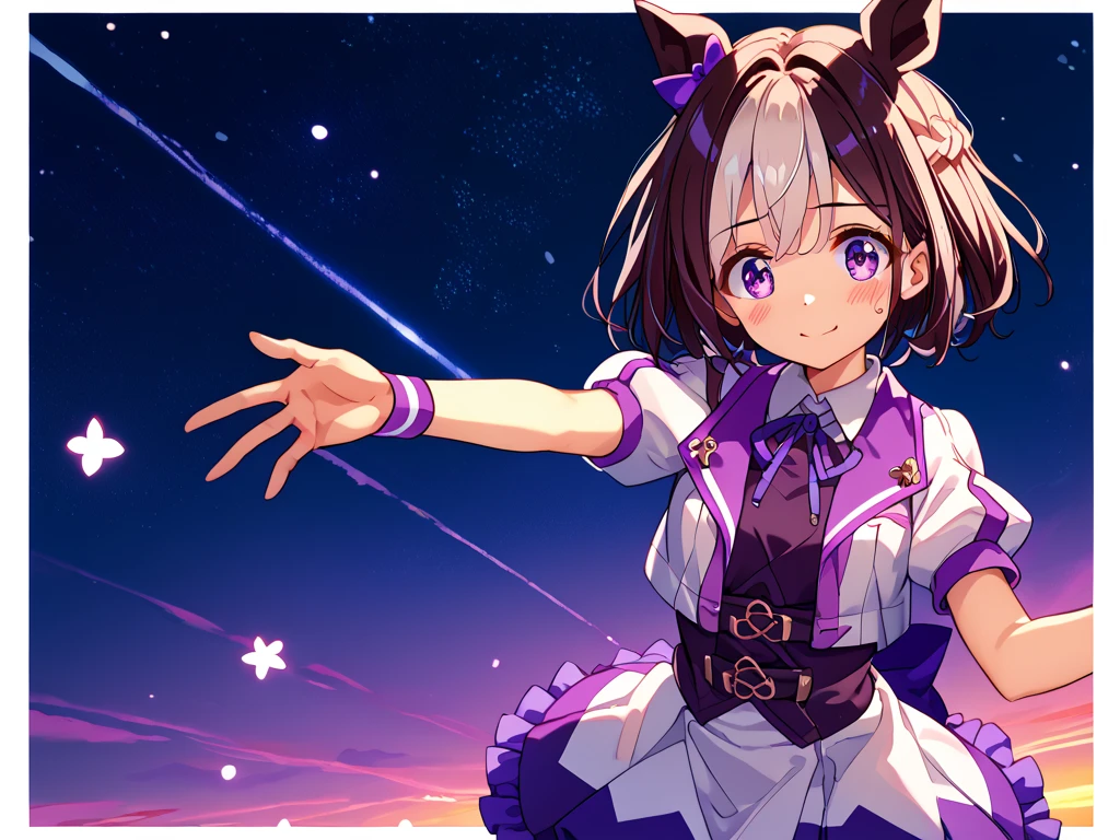 best quality, absurdres, masterpiece, 1人の女の子
special week \(Uma Musume\), 
ear bow, purple bow, puffy short sleeves, neck ribbon, blue ribbon, cropped jacket, white jacket, two-tone jacket, collared shirt, white shirt, purple vest, wristband, wrist cuffs, white skirt, pleated skirt, two-tone skirt, frilled skirt, frills,   zettai ryouiki, white thighhighs, white footwear, purple footwear, asymmetrical footwear, mismatched footwear, Durable sneakers, glad, smiling, embarrassed, standing, looking at viewer, in the field of flowers, surrounded by stars and stardust, at midnight, cute, beautiful, upper body, from front, moonlight, 口を少し開ける, 30-year-old