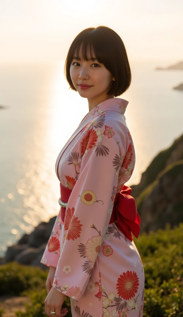 19 years old 、bangss、((( Yukata )))、Medium milk, cute  face、(Butt sticking out pose)、(turned around)、sexy hips、Seaside Hill 、Asahi、Photos showing the whole body((Short Hair))(( Highlight Buttocks ))