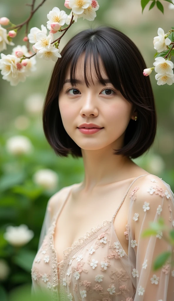 In a lush indoor garden、A Japanese woman is wearing a floral sheer top、 close-up with breasts and soft flowers in the background、 creates harmony between nature and beauty。