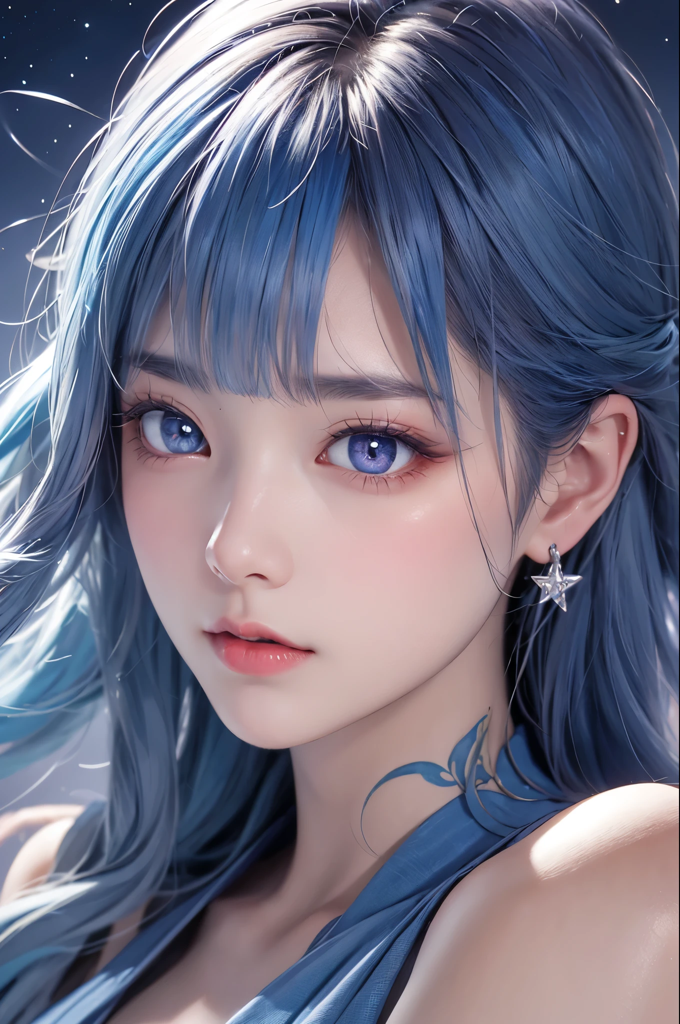 masterpiece,  top quality , 【8k,  Fine skin texture ,  detailed fabric texture,  Beautiful Delicate Face ,  Complicated details ,  Super Detailed ,  Meteor portrait in the sky  ,  Blue Hair , star shaped pupils, Overlooking,  No Background 