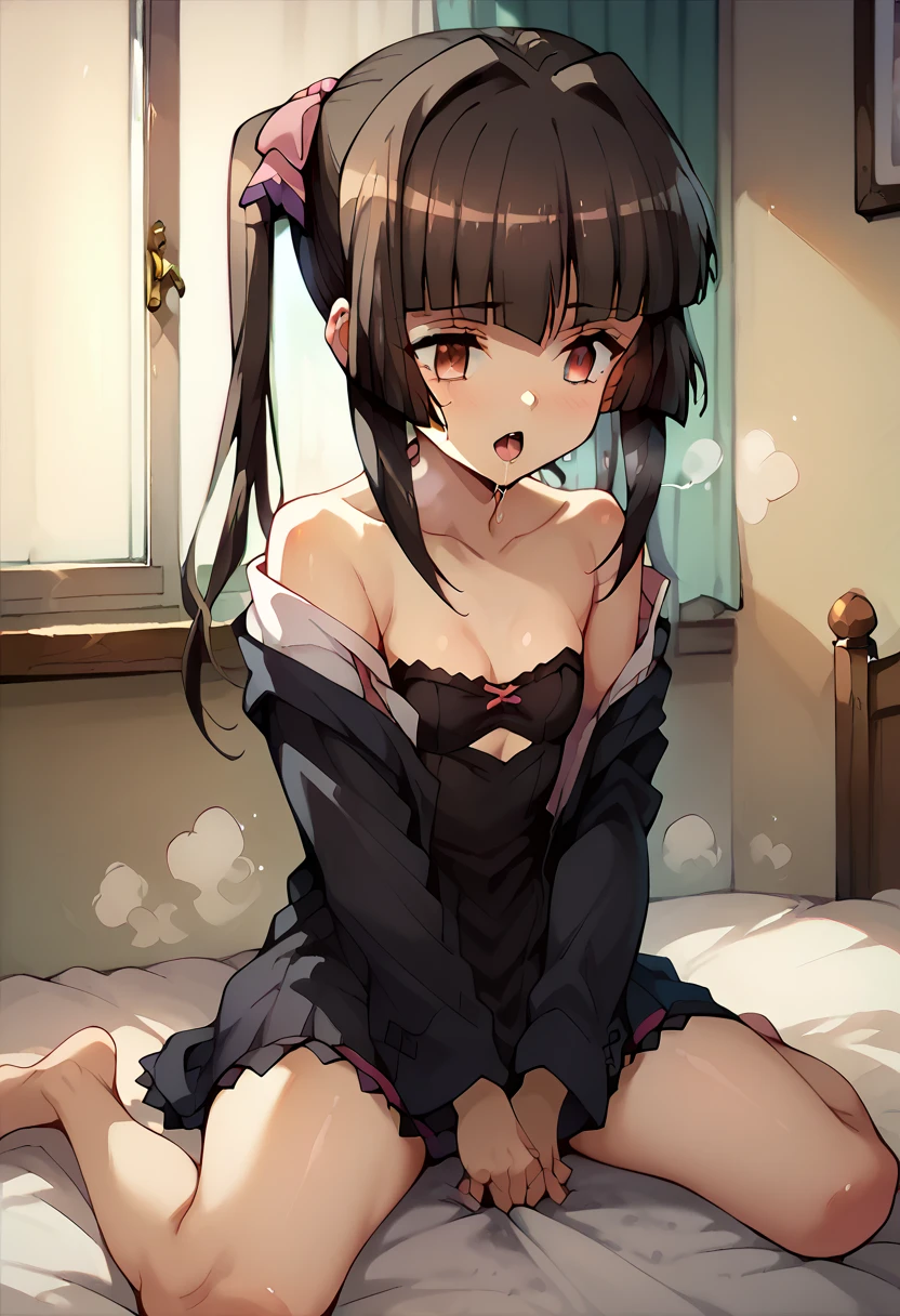 shirabe tsukuyomi,black dress,open clothes,in the bed,crawling position on their hands and knees,deep masturbation,steam, empty eyes, saliva, open mouth ,opening legs,tremble body,nsfw