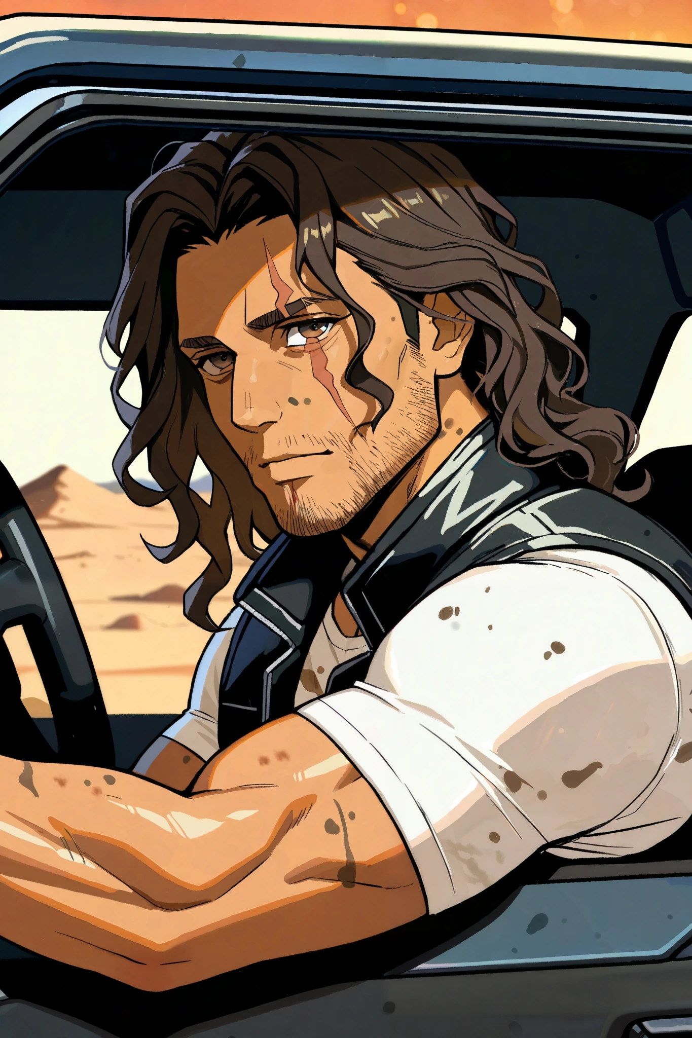 {{upper body, side view, medium close up}} {{theme: cyberpunk}} 1man, mature man, muscular build, tanned skin, dark brown hair, long wavy hair, hazel eyes, scar across right eye, heavy stubble, mud, black biker vest, dirty t-shirt, stoic face, dusk, sunset inside car, hand on wheel, driving through desert, dark lighting, 2077 nomad