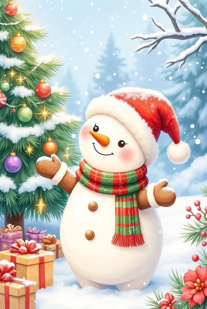 A snowman wearing a Christmas hat and a red green scarf, and with a christmas tree,the most detailed, with light fur that is cuteshort hair, white background, concept playlist style, 3D illusion, digital manipulation, creative commons attribute, poet core