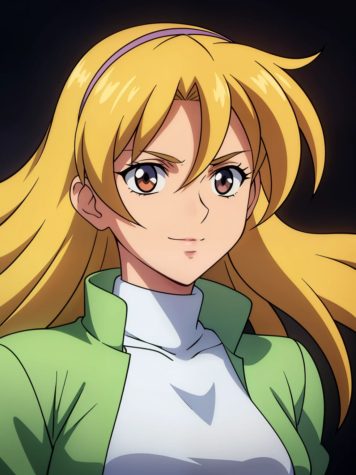 (high-quality, breathtaking),(expressive eyes, perfect face) 1girl, female, solo, adult age, Symmetrical Eyes, simple background, long hair, portrait, looking at viewer, brown eyes, blonde hair, white streaks, sprite, facing viewer, looking at viewer, standing straight, front view, G Gundam style, white turtleneck shirt, hair accessory, flower in hair, hourglass figure, cute smile, lavender jacket