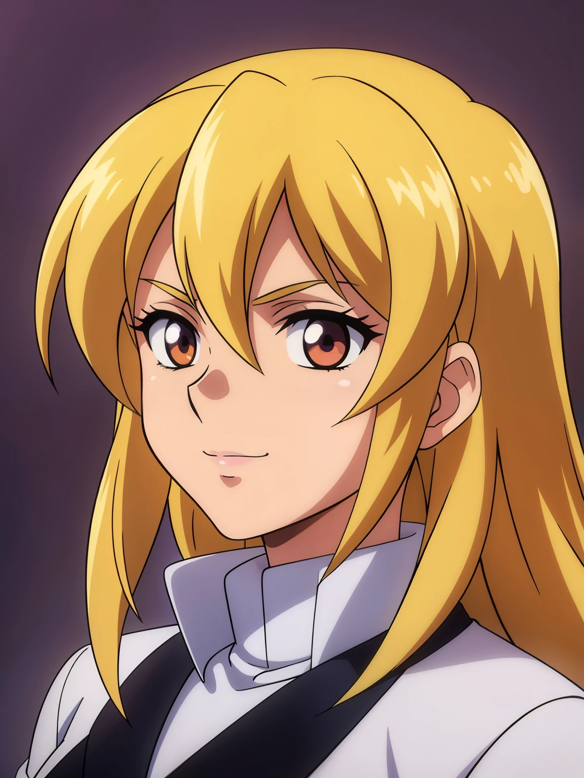 (high-quality, breathtaking),(expressive eyes, perfect face) 1girl, female, solo, adult age, Symmetrical Eyes, simple background, long hair, portrait, looking at viewer, brown eyes, blonde hair, white streaks, sprite, facing viewer, looking at viewer, standing straight, front view, G Gundam style, white turtleneck shirt, hair accessory, flower in hair, hourglass figure, cute smile, lavender purple jacket, positive expression, kind face, thin belt
