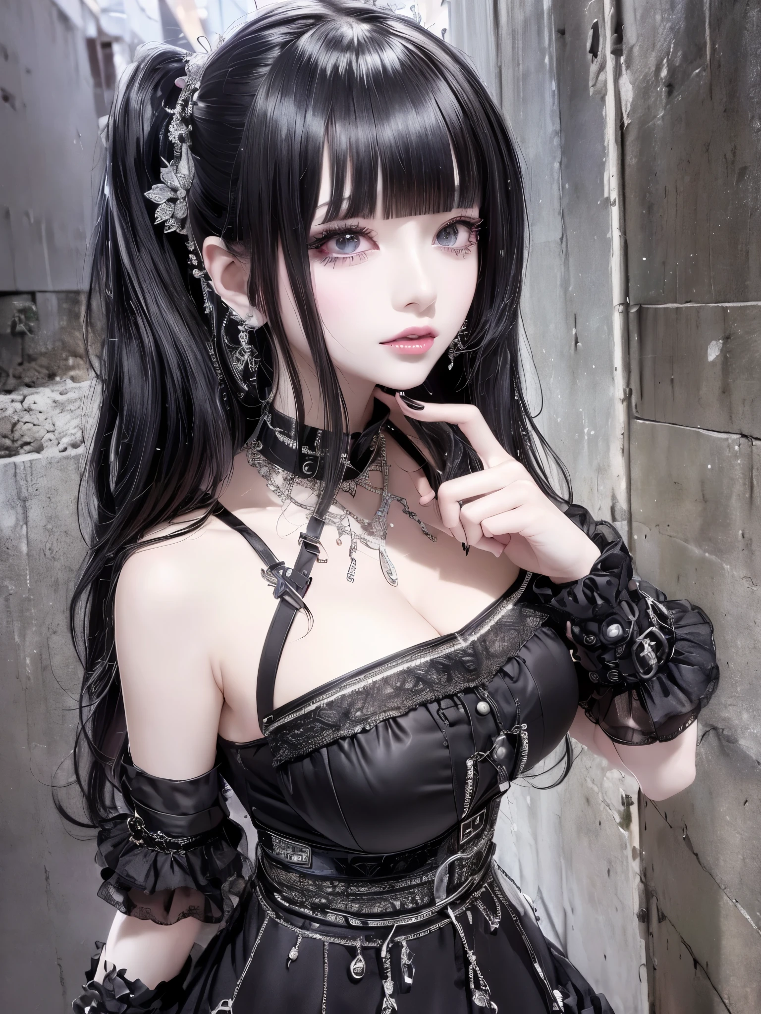 (((8k wallpaper of extremely detailed CG unit:1.2, masterpiece, hight resolution:1.2, top-quality:1.2, masutepiece))), ((a very beautiful woman, Hands in pockets:1.8, Fashion poses:1.3, punk fashion:1.5, Wearing boots:1.3)), ((extra detailed face, Highly detailed black eyes, extra detailed body, Top quality real texture skins)), (A dark-haired:1.2, straight haired:1.2, The long-haired, de pele branca, Big:1.2, exposed shoulder), ((Alley without people, Mileland, Brick wall, natta)), (high-angle:1.1, a closeup, Fisheye:1.4), hyper realisitic, digitial painting,