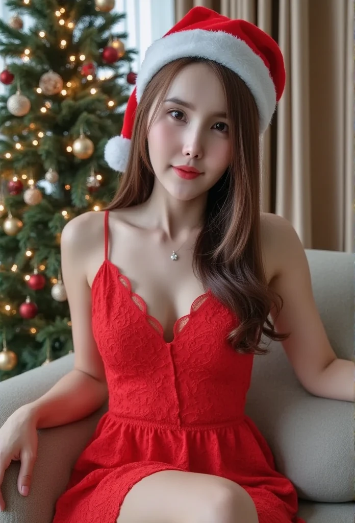 photo from the side round glasses room with Christmas tree and piles of Christmas gifts in background with exposed armpits Ter's thighs are exposed and wearing a red Christmas style sleeveless strapless dress with red diamond crown low-angle shot, golden hour, warm color grading