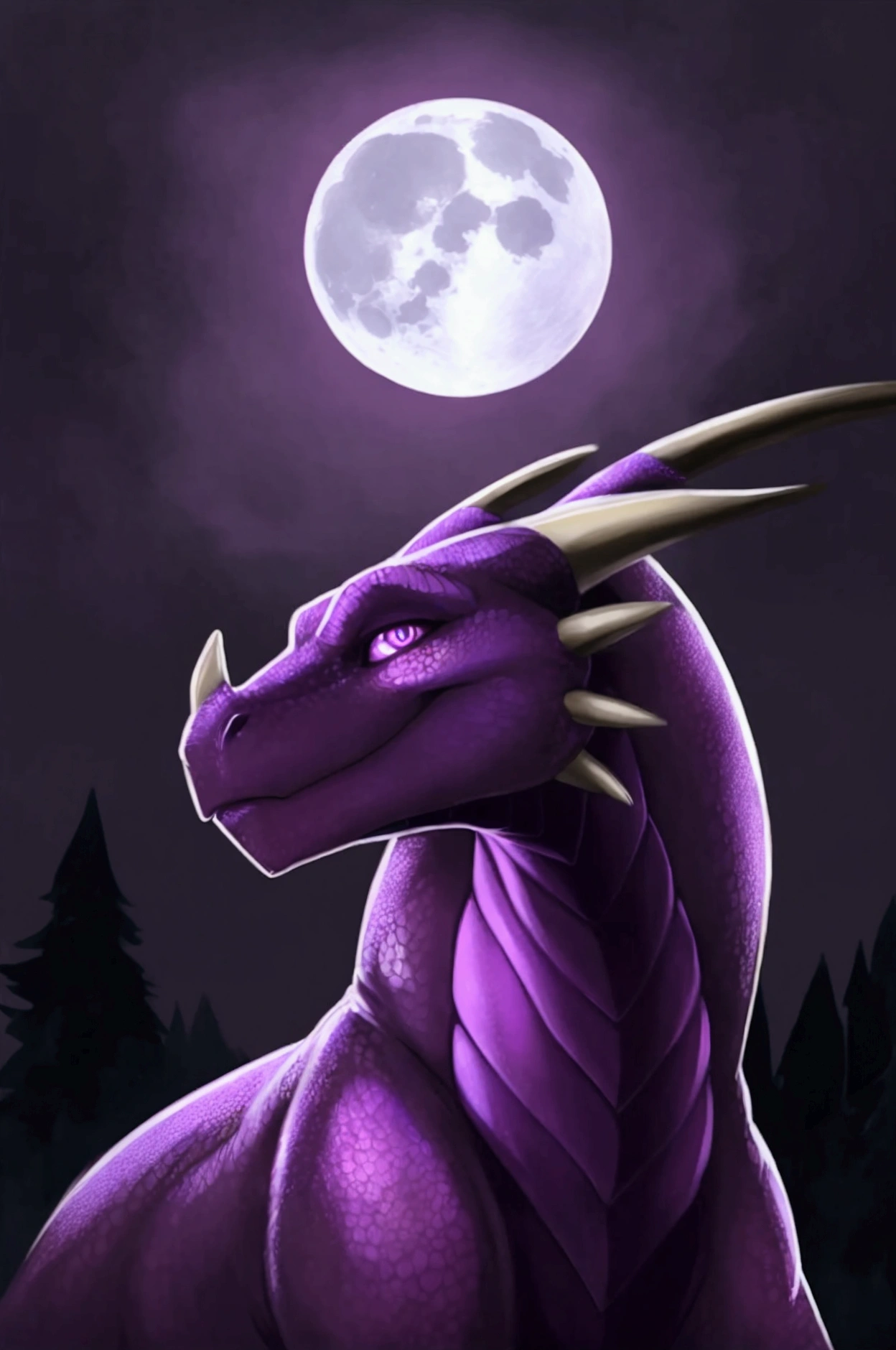 ((solo)) (feral, dragon), male, looking at viewer, face at camera, head at camera screen, deep violet leaves, deep violet medaow, night, fog, deep violet flower, spare tail, full moon, glowing deep violet eyes, [best quality, shaded, extreme detail, highly detailed, ultradetailed, intricate, realistic], detailed background, by Enki Bilal, by wolfy-nail, by Darkenstardragon, dark atmosphere, 