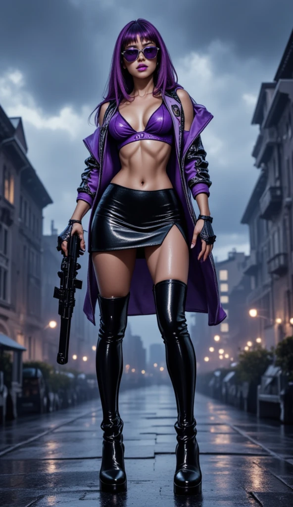 a beautiful Latina woman, short chopped hair, very sexy body, wide hips, concept art inspired by Genndy Tartakovsky, featured on zbrush central, Clone Wars Style, angular stylized style,Toy-Like Appearance, multiple expressions and poses, character sheet, White Asymmetrical Top, High-Waisted Pants, Heeled Boots, Long Purple Coat with White Lining --ar 16:9