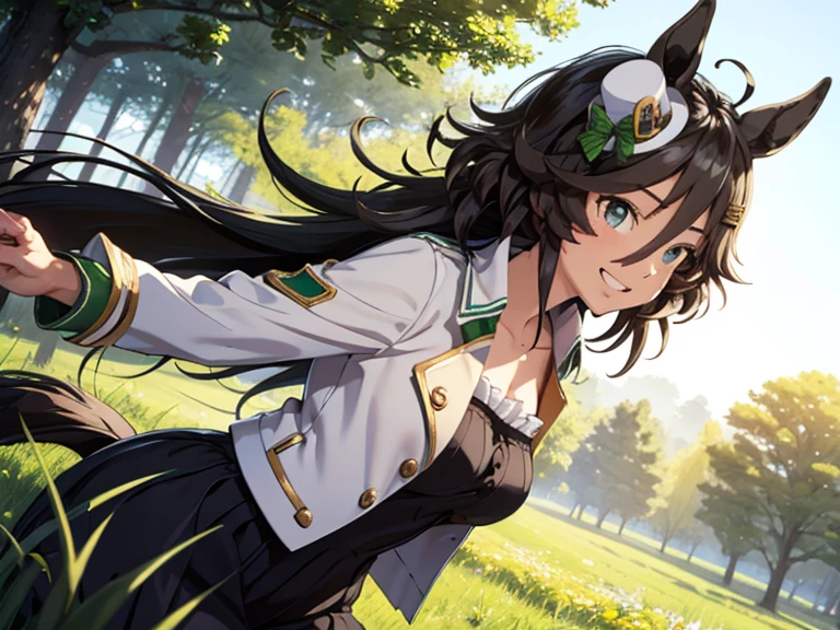 best quality, absurdres, masterpiece, 
Mr.CB \(umamusume)\
1人の女の子, female, delightful, grinning, serious expression, running at full speed, looking to the left, long hair, center part, brown hair, green eyes, slant eyes, tall, slender, beautiful breasts, 30-year-old, in the grassland, in the afternoon, beautiful, upper body, front view, ground-level shot, dutch angle shot, sunbeam, midday