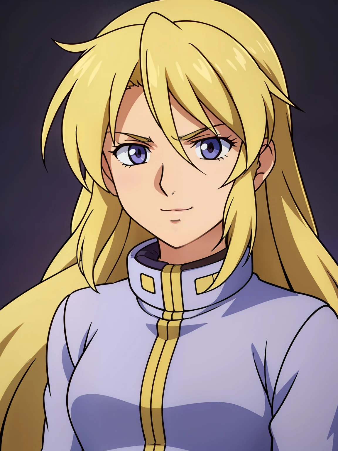 (high-quality, breathtaking),(expressive eyes, perfect face) 1girl, female, solo, adult age, Symmetrical Eyes, simple background, long hair, portrait, looking at viewer, brown eyes, blonde hair, white streaks, sprite, facing viewer, looking at viewer, standing straight, front view, G Gundam style, white turtleneck shirt, hair accessory, flower in hair, hourglass figure, cute smile, lavender purple jacket, positive expression, kind face, thin belt, open jacket
