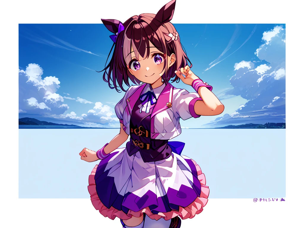 best quality, absurdres, masterpiece, 1人の女の子
special week \(Uma Musume\), 
ear bow, purple bow, puffy short sleeves, neck ribbon, blue ribbon, cropped jacket, white jacket, two-tone jacket, collared shirt, white shirt, purple vest, wristband, wrist cuffs, white skirt, pleated skirt, two-tone skirt, frilled skirt, frills,   zettai ryouiki, white thighhighs, white footwear, purple footwear, asymmetrical footwear, mismatched footwear, Durable sneakers, glad, smiling, embarrassed, standing, looking at viewer, in the field of flowers, surrounded by stars and stardust, at midnight, cute, beautiful, upper body, from front, moonlight, adult, 30-year-old,濃いメイク, にっこり笑う, 